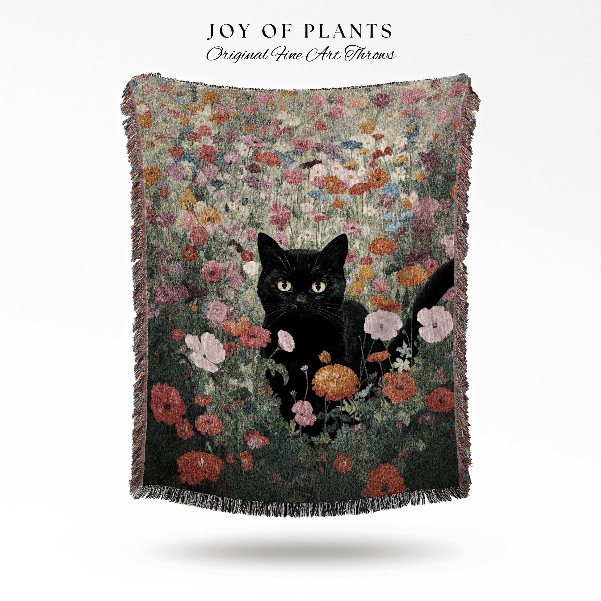 Bright Floral Wildflowers Blanket Cat Art Fall Decor Tapestry Woven Throw Blanket | Black Cat Woven Blanket Boho Halloween Cat Cottagecore |