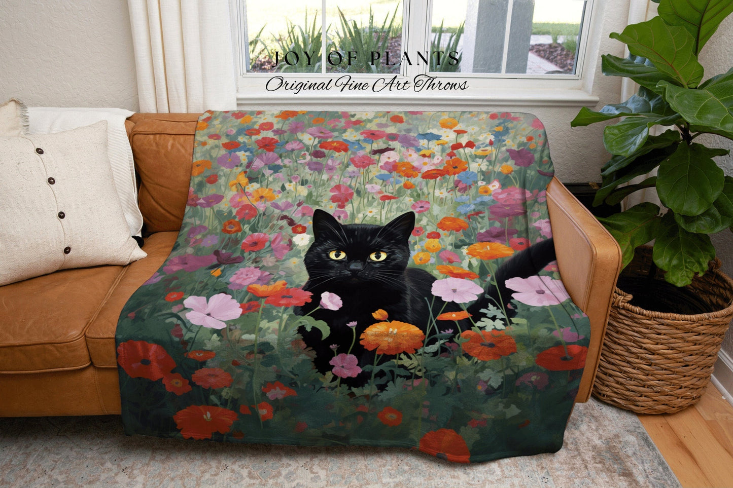 Bright Floral Wildflowers Blanket Cat Art Fall Decor Tapestry Woven Throw Blanket | Black Cat Woven Blanket Boho Halloween Cat Cottagecore |