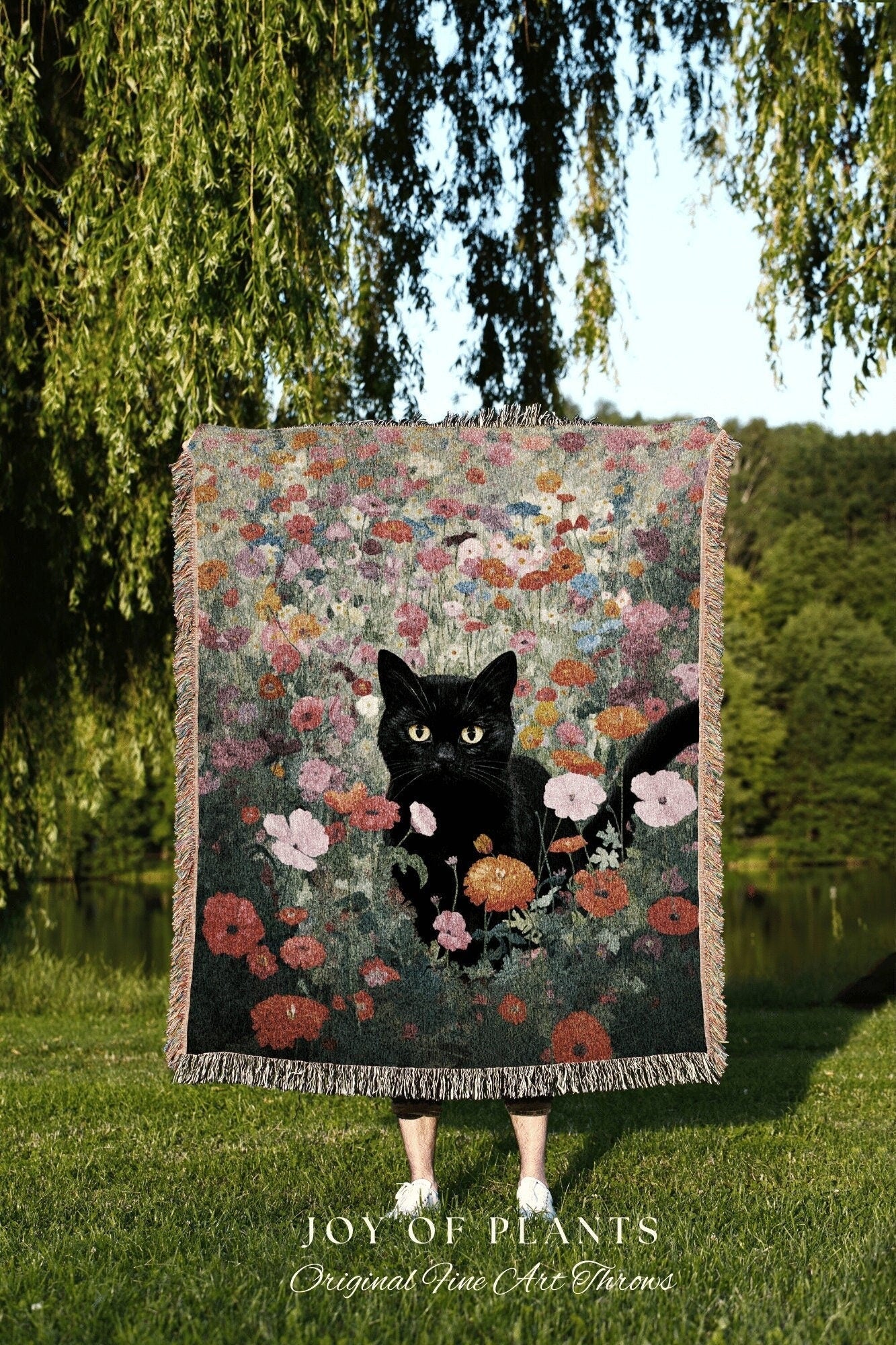 Bright Floral Wildflowers Blanket Cat Art Fall Decor Tapestry Woven Throw Blanket | Black Cat Woven Blanket Boho Halloween Cat Cottagecore |