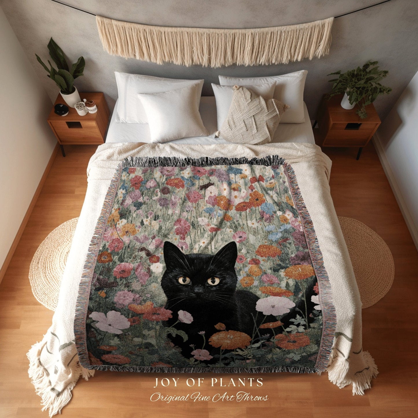 Whimsical Cat Tapestry Floral Art Halloween Decor Tapestry Black Cat Woven Blanket | Spooky Cat Halloween Decor Dark Cottagecore Tapestry |