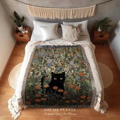 Black Cat In The Wildflowers Tapestry Floral Art Halloween Decor Tapestry Black Cat Woven Blanket | Spooky Cat Halloween Decor Cottagecore |