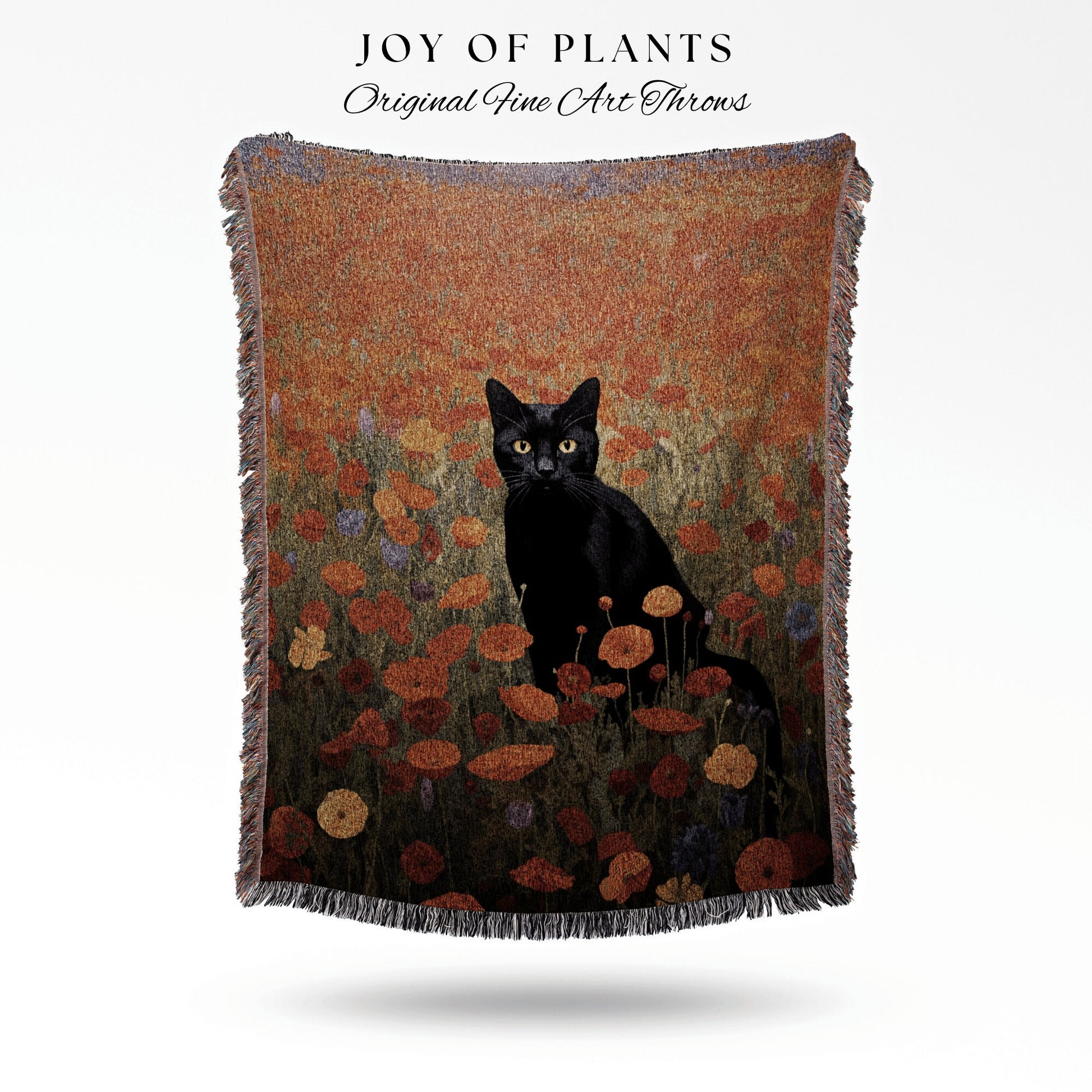 Poppy Fields Black Cat Art Halloween Decor Tapestry Black Cat Woven Blanket | Spooky Cat Halloween Decor Dark Cottagecore Tapestry Floral |