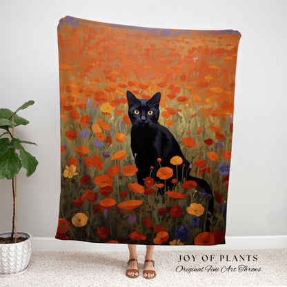 Poppy Fields Black Cat Art Halloween Decor Tapestry Black Cat Woven Blanket | Spooky Cat Halloween Decor Dark Cottagecore Tapestry Floral |