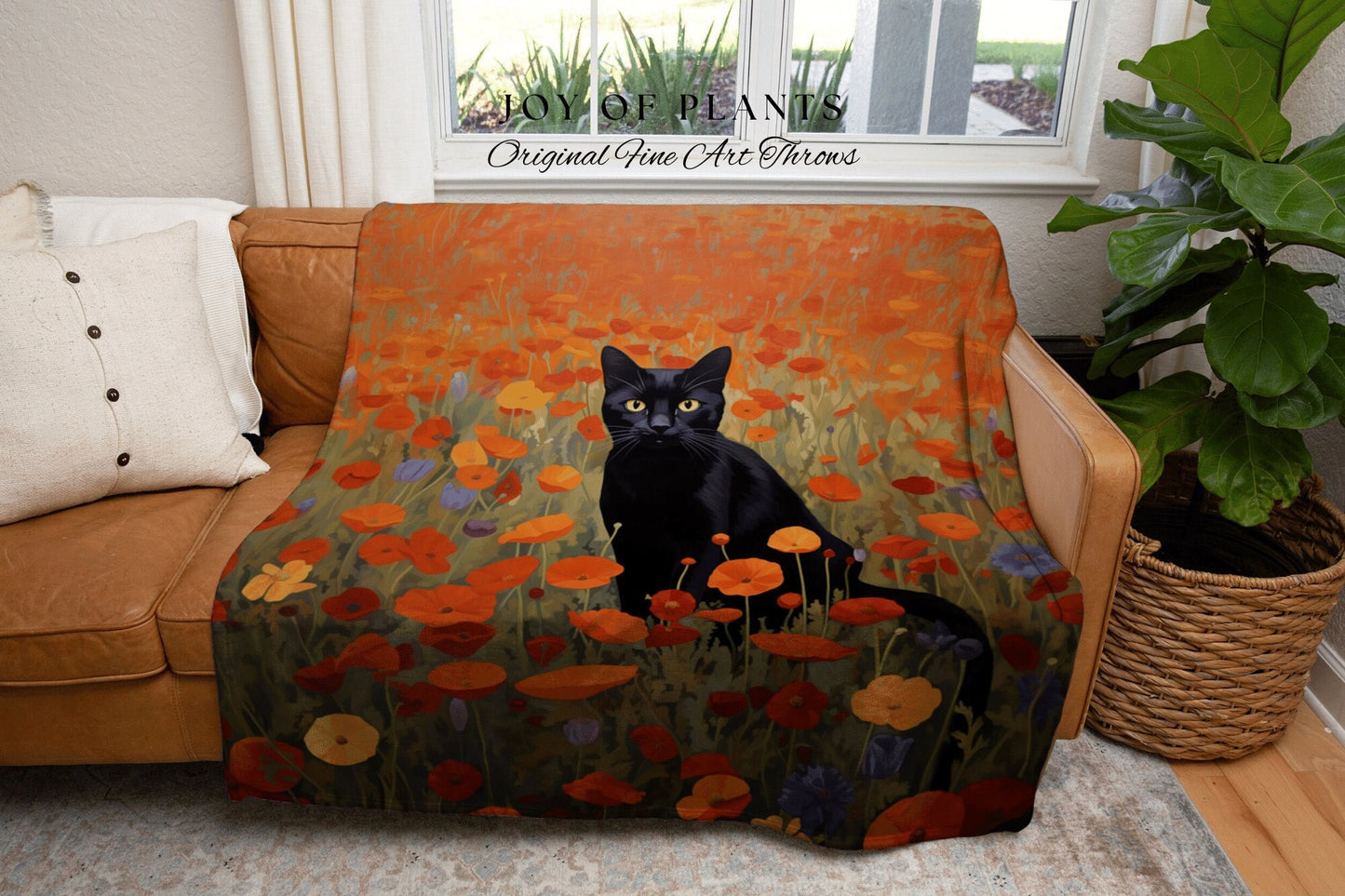 Poppy Fields Black Cat Art Halloween Decor Tapestry Black Cat Woven Blanket | Spooky Cat Halloween Decor Dark Cottagecore Tapestry Floral |