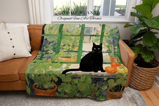 Cat & House Plants Cottagecore Blanket | Cat Art Botanical Blanket Woven Whimsical Room Decor Black Cat Decor Gift for Plant Lovers Tapestry