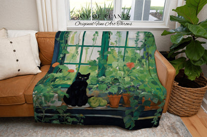 Botanical Cat Tapestry Halloween Tapestry Van Gogh Inspired Art Blanket Woven | Whimsical Room Decor Black Cat Decor Cottagecore Vintage Art