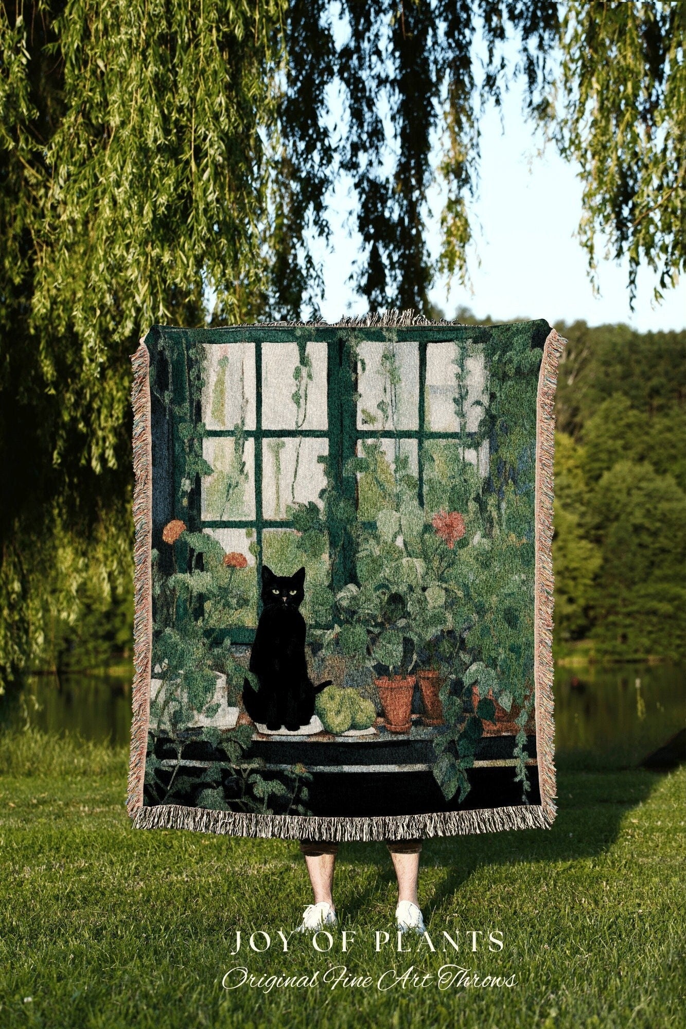 Botanical Cat Tapestry Halloween Tapestry Van Gogh Inspired Art Blanket Woven | Whimsical Room Decor Black Cat Decor Cottagecore Vintage Art