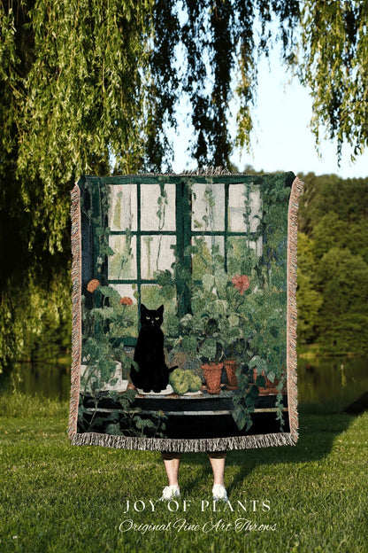 Botanical Cat Tapestry Halloween Tapestry Van Gogh Inspired Art Blanket Woven | Whimsical Room Decor Black Cat Decor Cottagecore Vintage Art