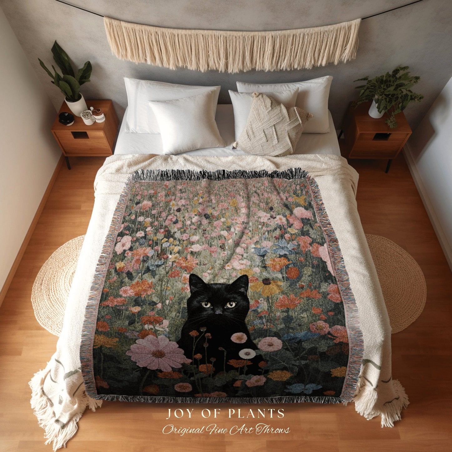 Wildflower Cat Blanket Vintage Wall Art Fall Decor Tapestry Woven Throw Blanket | Black Cat Woven Blanket Boho Halloween Cat Cottagecore |