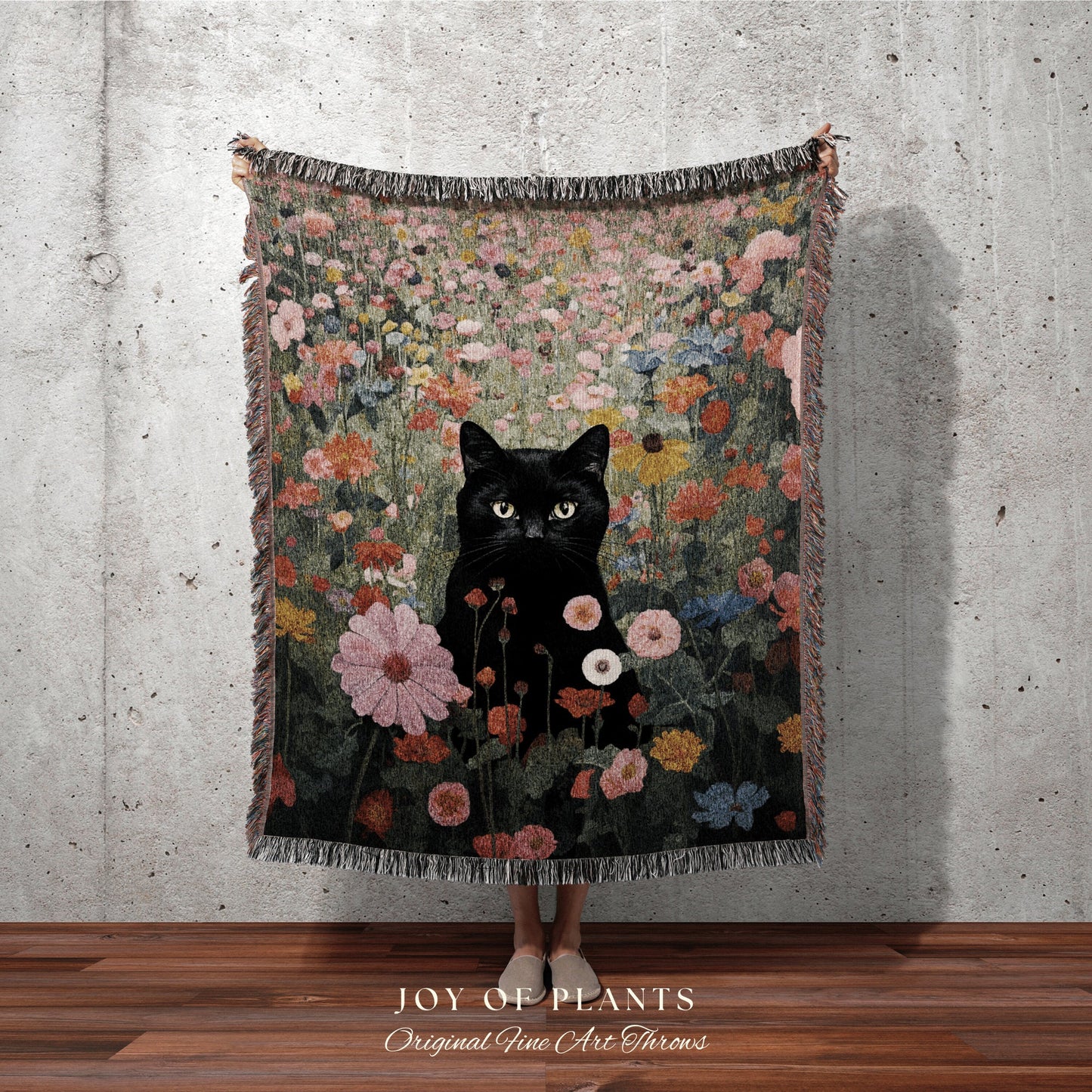 Wildflower Cat Blanket Vintage Wall Art Fall Decor Tapestry Woven Throw Blanket | Black Cat Woven Blanket Boho Halloween Cat Cottagecore |