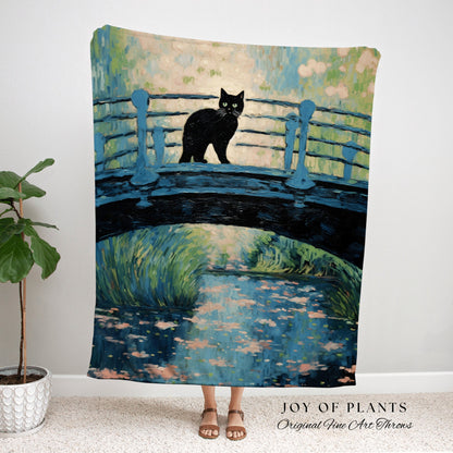 Moody Landscape Vintage Aesthetic Black Cat Woven Tapestry Art Monet Bridge Soft Cottagecore Art Tapestry Monet Water Lilies Blanket Art