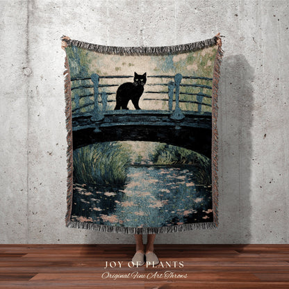 Moody Landscape Vintage Aesthetic Black Cat Woven Tapestry Art Monet Bridge Soft Cottagecore Art Tapestry Monet Water Lilies Blanket Art