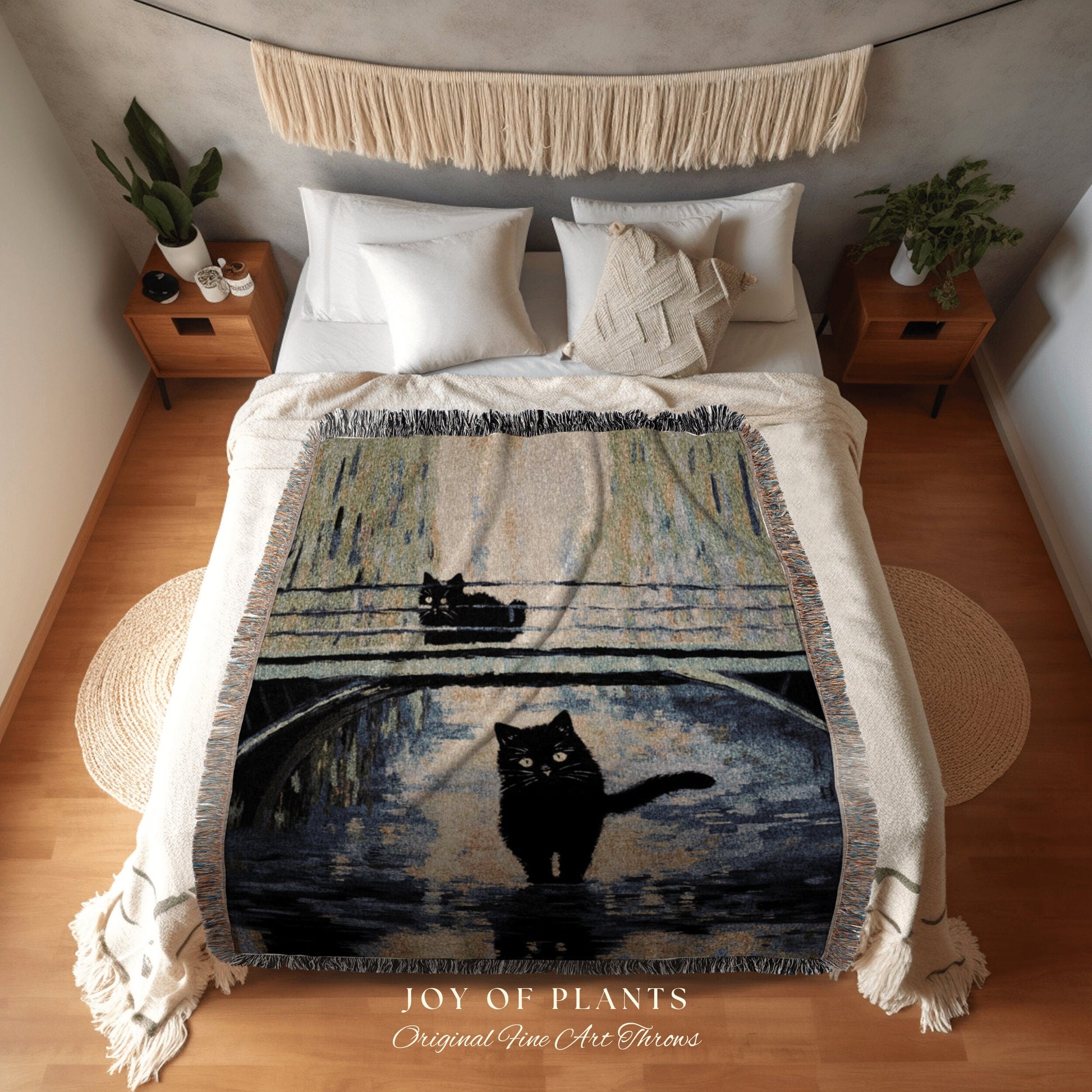 Fine Art Tapestry Black Cat Monet Art Inspired Vintage Aesthetic Tapestry Woven Blanket Cottagecore Decor Gift for Cat Lovers Whimsigothic