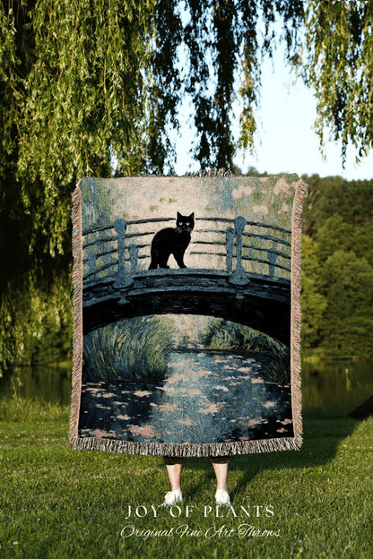 Moody Landscape Vintage Aesthetic Black Cat Woven Tapestry Art Monet Bridge Soft Cottagecore Art Tapestry Monet Water Lilies Blanket Art