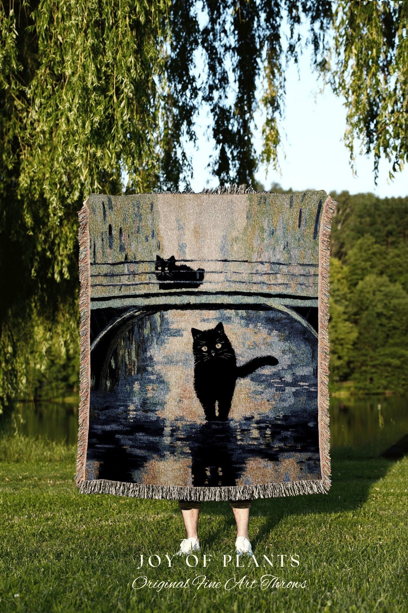 Fine Art Tapestry Black Cat Monet Art Inspired Vintage Aesthetic Tapestry Woven Blanket Cottagecore Decor Gift for Cat Lovers Whimsigothic