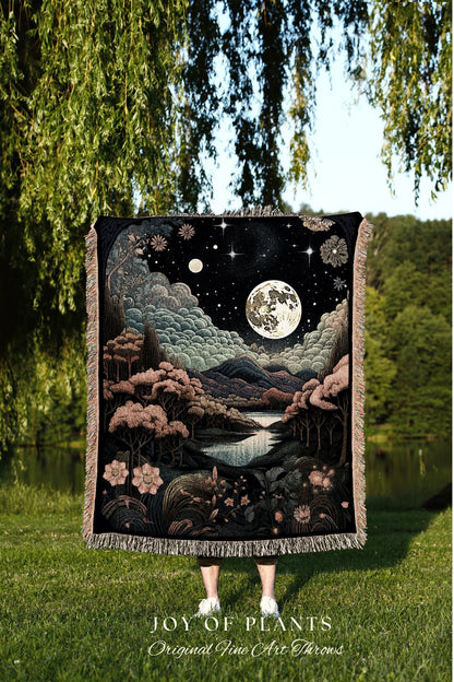 Cherry Blossom Tapestry Birth Flower Celestial Landscape Custom March Gift Woven Blanket Personalized Birth Month Flower March Birth Flower