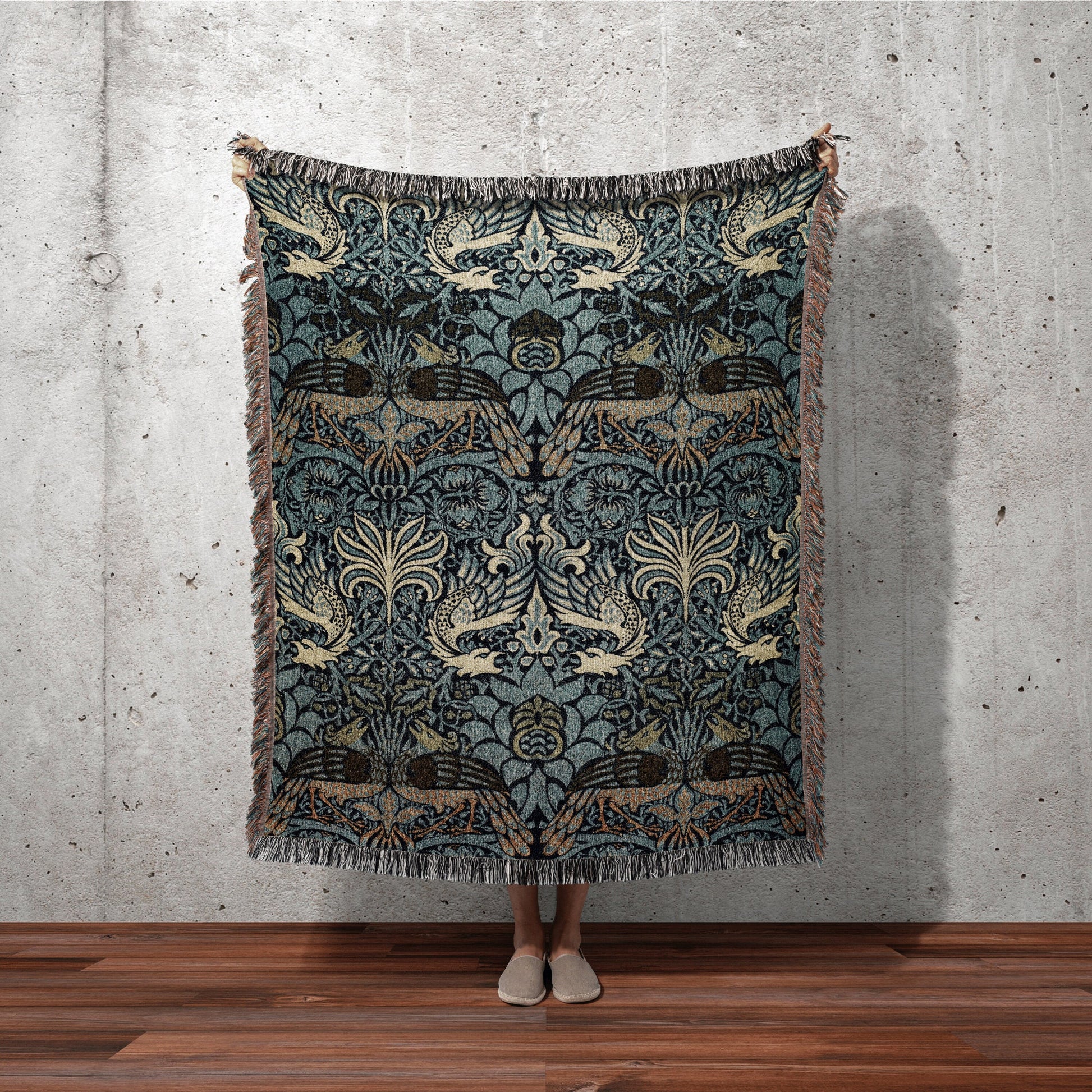 William Morris Tapestry Woven Throw Blanket | Cobalt Blue Throw Blanket William Morris Wall Tapestry | Art Nouveau Decor Woven Throw Blanket