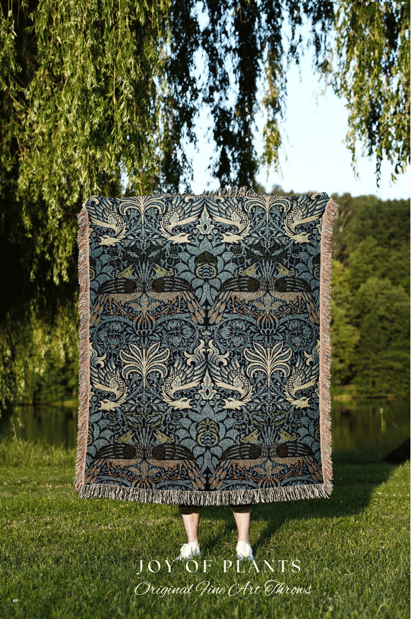 William Morris Tapestry Woven Throw Blanket | Cobalt Blue Throw Blanket William Morris Wall Tapestry | Art Nouveau Decor Woven Throw Blanket