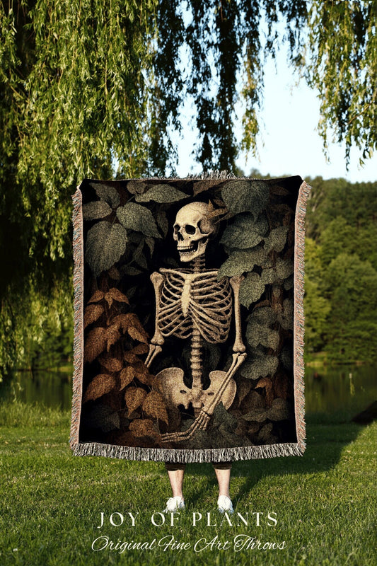 Vintage Skeleton Blanket Dark Cottagecore Decor Botanical | Skeleton Plant Lover Goth Tapestry Woven Throw Botanical Art Vintage Halloween