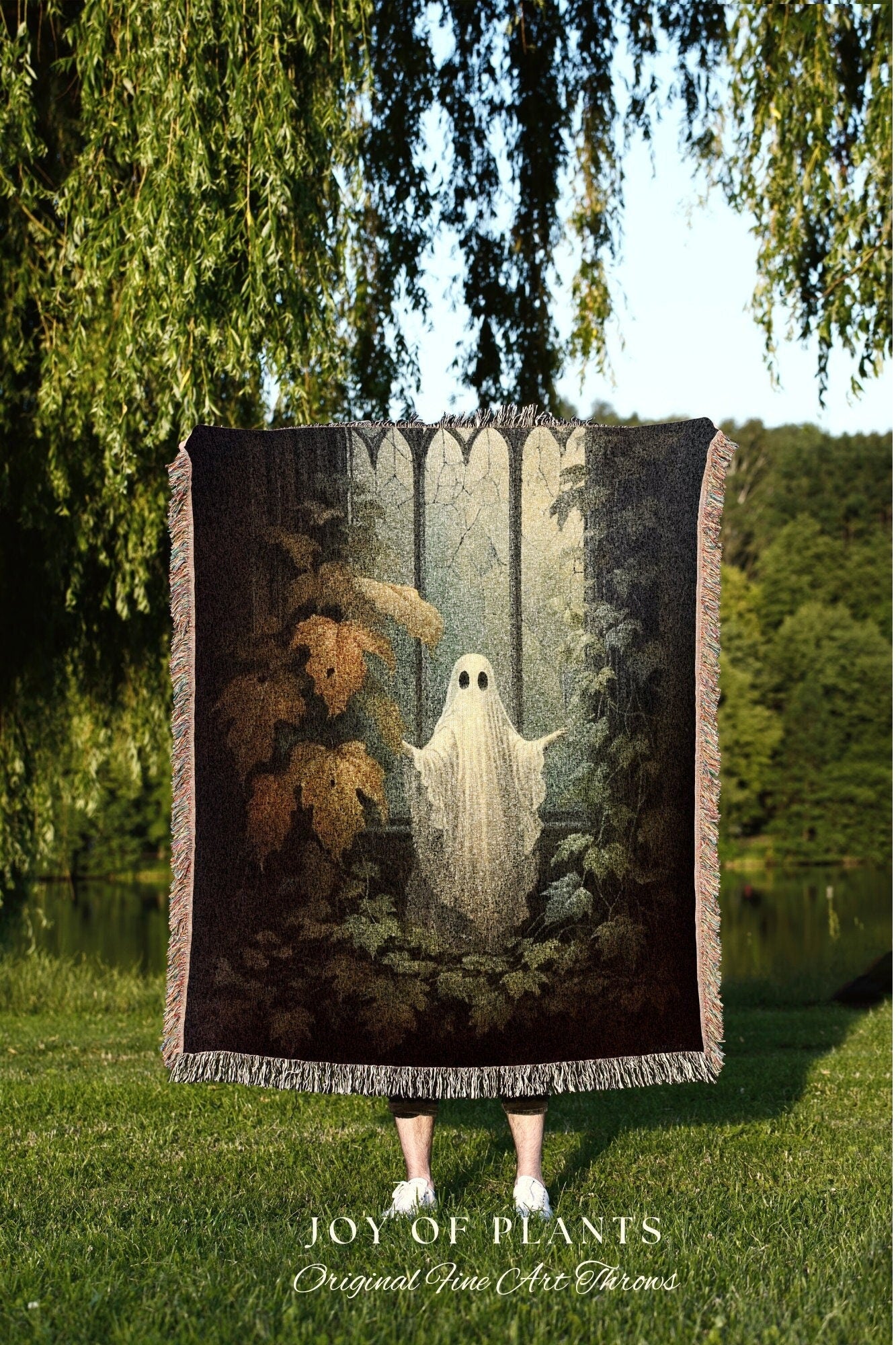 Gothic Ghost Art Tapestry Woven Throw Blanket | Spooky Ghost Blanket Dark Academia Decor Bedroom Whimsigoth Tapestry Woven Art Blanket Woven