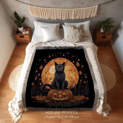 Vintage Halloween Pumpkin Black Cat Woven Throw Blanket | Spooky Season Black Cat Halloween Decor Dark Cottagecore Tapestry Witch Decor |
