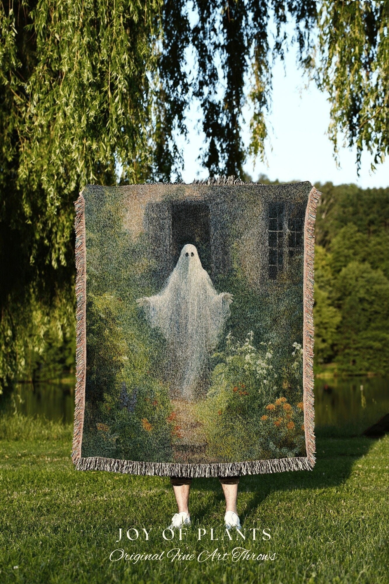 Gardening Ghost Botanical Blanket | Woven Tapestry Blanket Macabre Wall Art Ghost Decor Spooky Tapestry Halloween Dark Floral Whimsigoth |