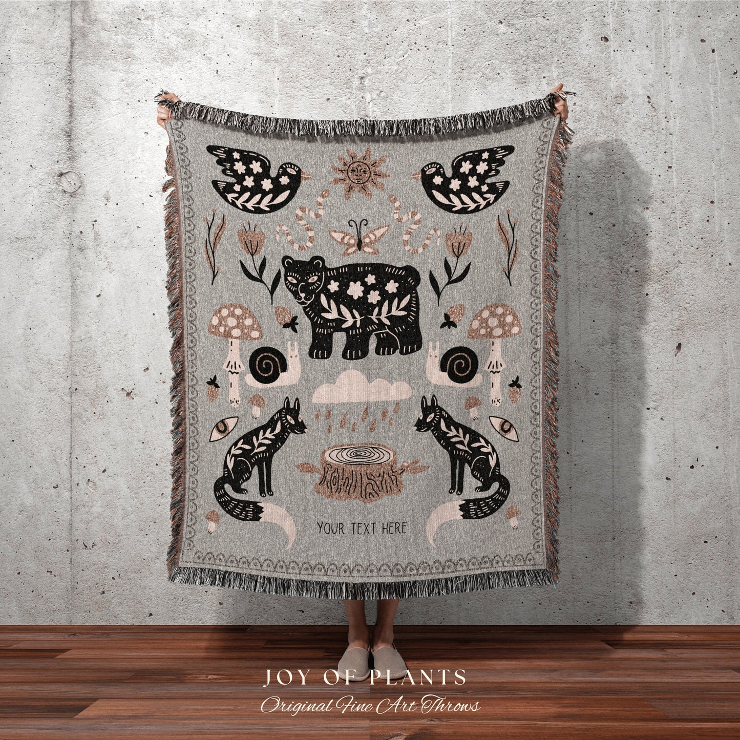 Woodland Bear Blanket | Woven Throw Blanket Scandinavian Decor Woven Blanket | Fox, Bear, Bird, Snake, Snail & Mushroom Blanket Woven Throw