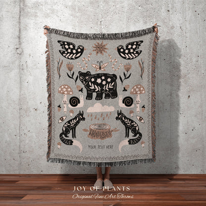 Woodland Bear Blanket | Woven Throw Blanket Scandinavian Decor Woven Blanket | Fox, Bear, Bird, Snake, Snail & Mushroom Blanket Woven Throw