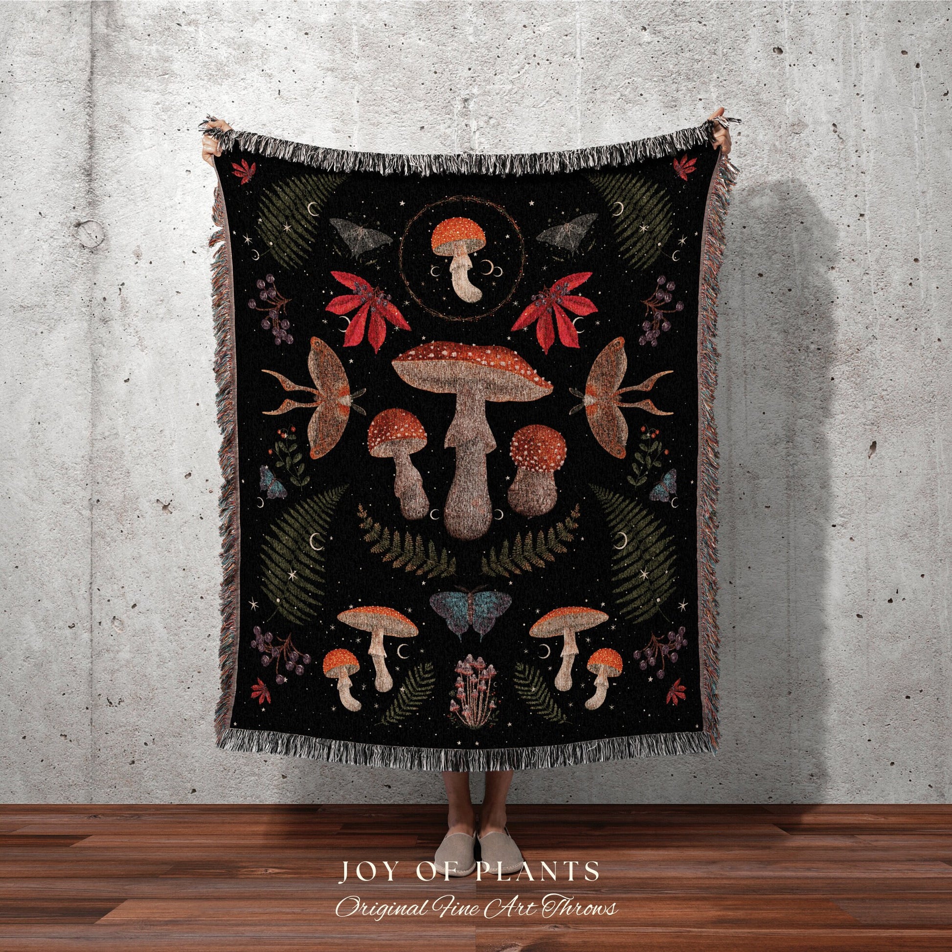 Mushroom Tapestry Blanket Moth Woven Blanket Gothic Celestial Decor Witchy Decor Dark Cottagecore Black Throw Blanket Mushroom Throw Blanket