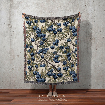 Vintage Blueberry Blanket Woven Tapestry | Wild Blueberry Fabric Vintage Botanical Blueberry Print | Woven Throw Blanket Cottagecore Decor |