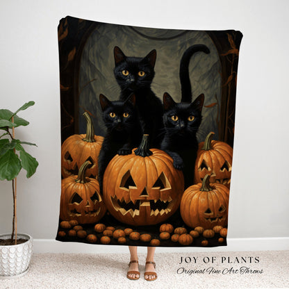 Vintage Halloween Pumpkin Black Cat Tapestry | Spooky Season Black Cat Halloween Decor Dark Cottagecore Tapestry Woven Blanket Witch Decor |