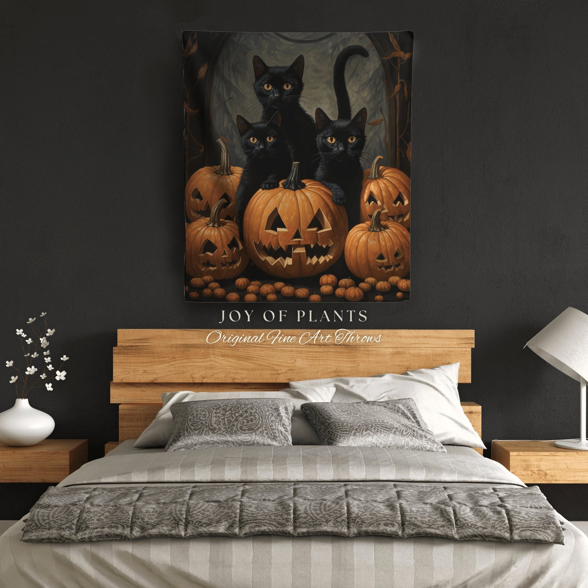 Vintage Halloween Pumpkin Black Cat Tapestry | Spooky Season Black Cat Halloween Decor Dark Cottagecore Tapestry Woven Blanket Witch Decor |