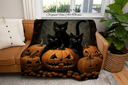 Vintage Halloween Pumpkin Black Cat Tapestry | Spooky Season Black Cat Halloween Decor Dark Cottagecore Tapestry Woven Blanket Witch Decor |