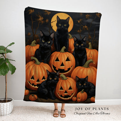 Black Cats Vintage Halloween Pumpkin Tapestry | Spooky Season Black Cat Dark Cottagecore Tapestry Witch Halloween Decor Woven Throw Blanket