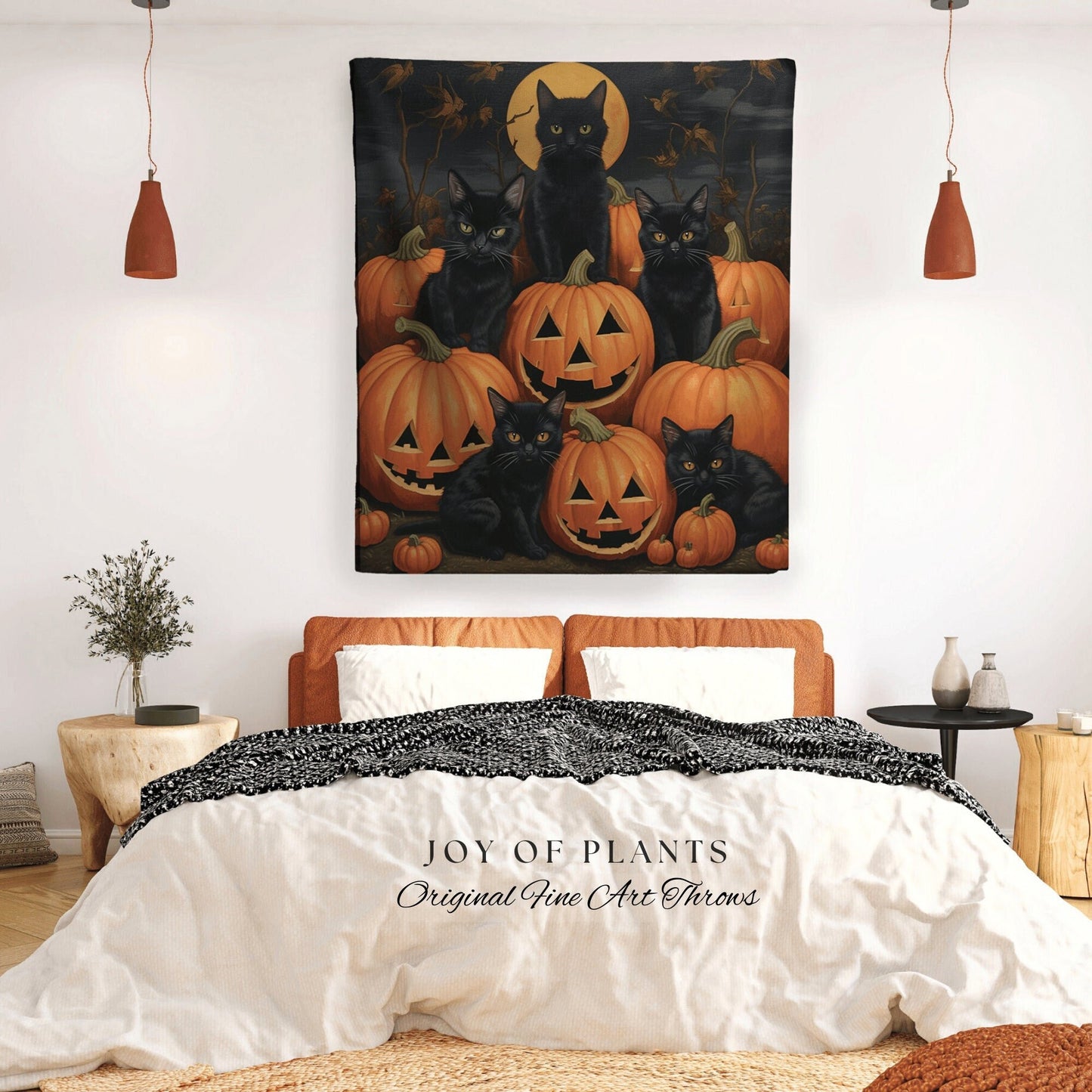 Black Cats Vintage Halloween Pumpkin Tapestry | Spooky Season Black Cat Dark Cottagecore Tapestry Witch Halloween Decor Woven Throw Blanket