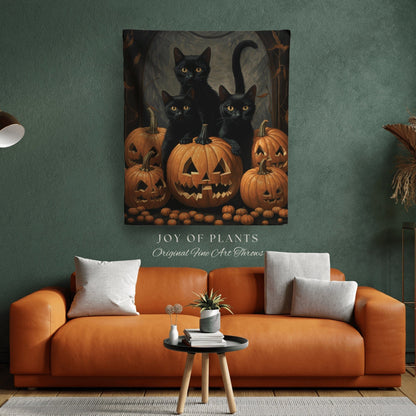 Vintage Halloween Pumpkin Black Cat Tapestry | Spooky Season Black Cat Halloween Decor Dark Cottagecore Tapestry Woven Blanket Witch Decor |