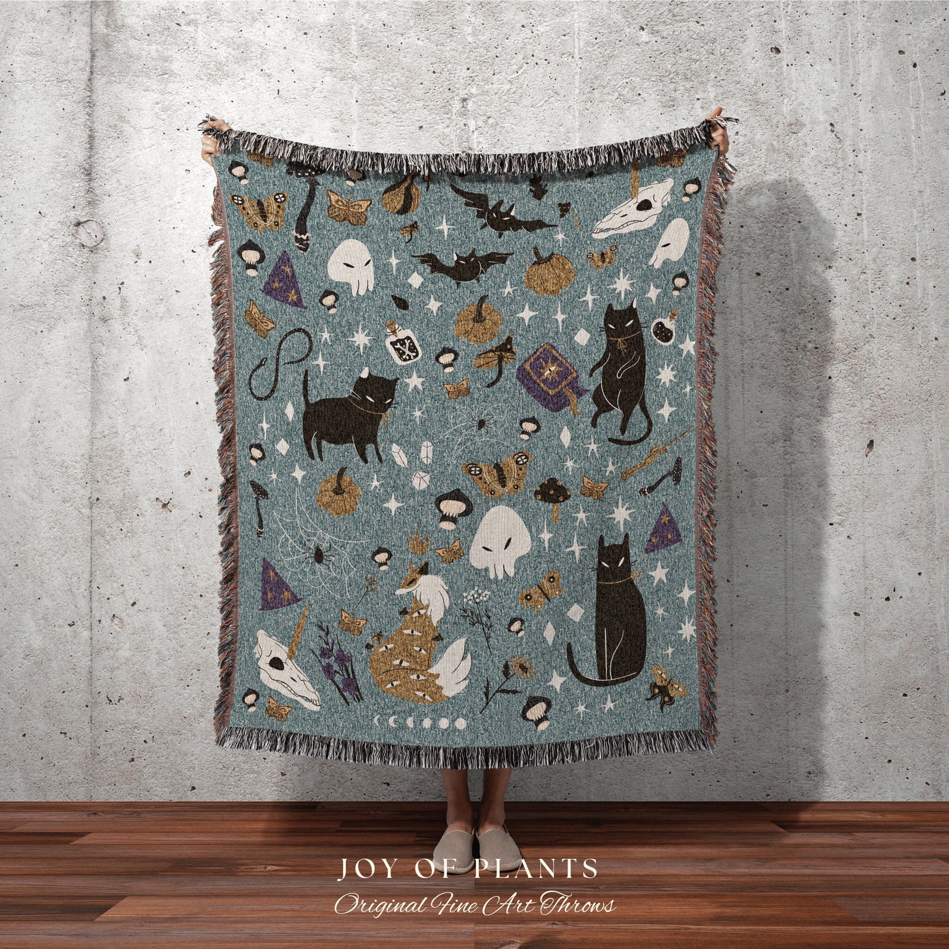 Boho Halloween Blanket | Witchy Halloween Decor Woven Blanket | Moons and Stars Celestial Woven Tapestry Wall Art | Halloween Blanket Boho