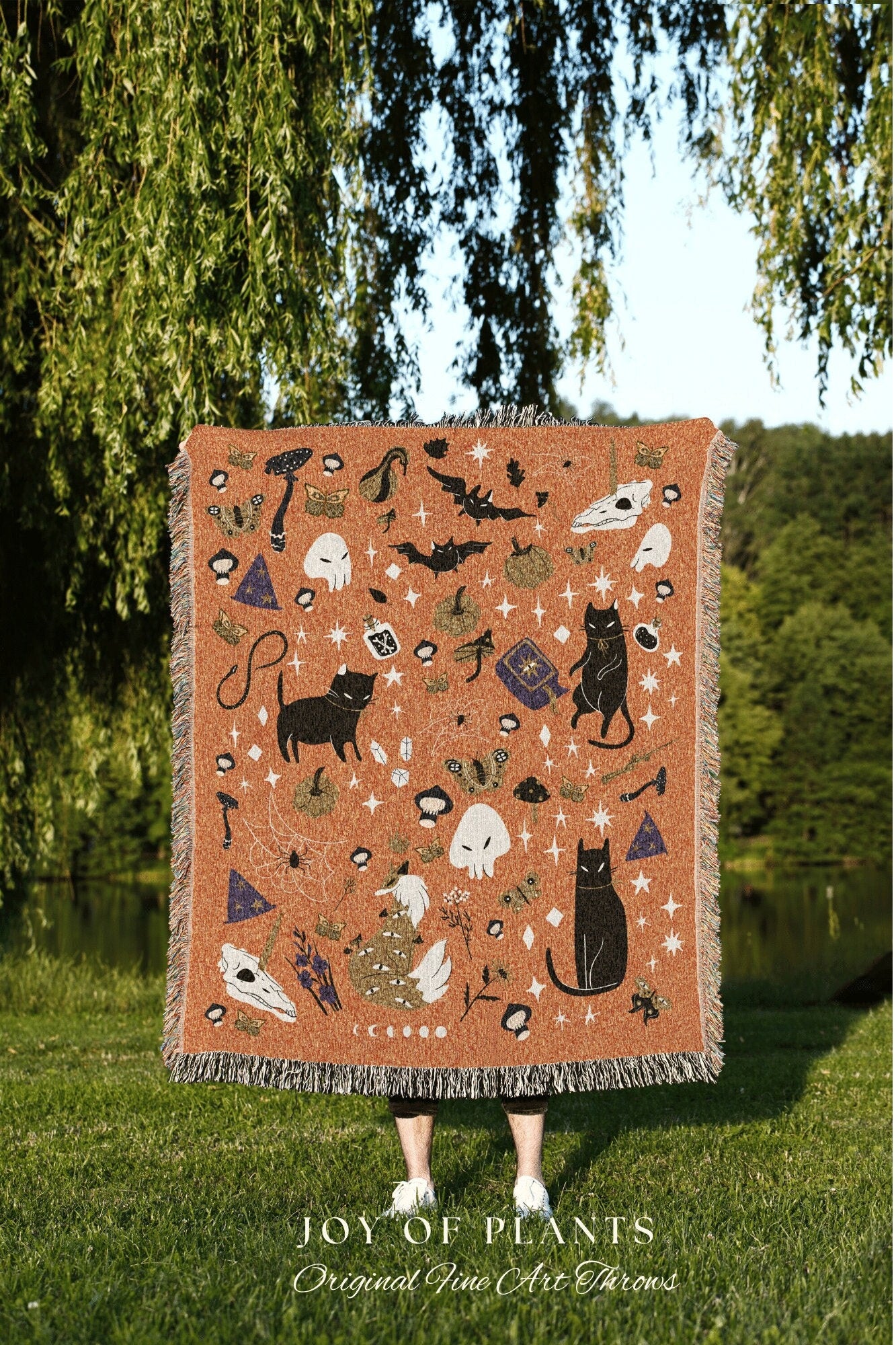 Halloween Throw Blanket Kids | Ghost Tapestry Woven | Black Cat Celestial Witch Goth Decor | Spooky Aesthetic Halloween Kids Halloween Decor