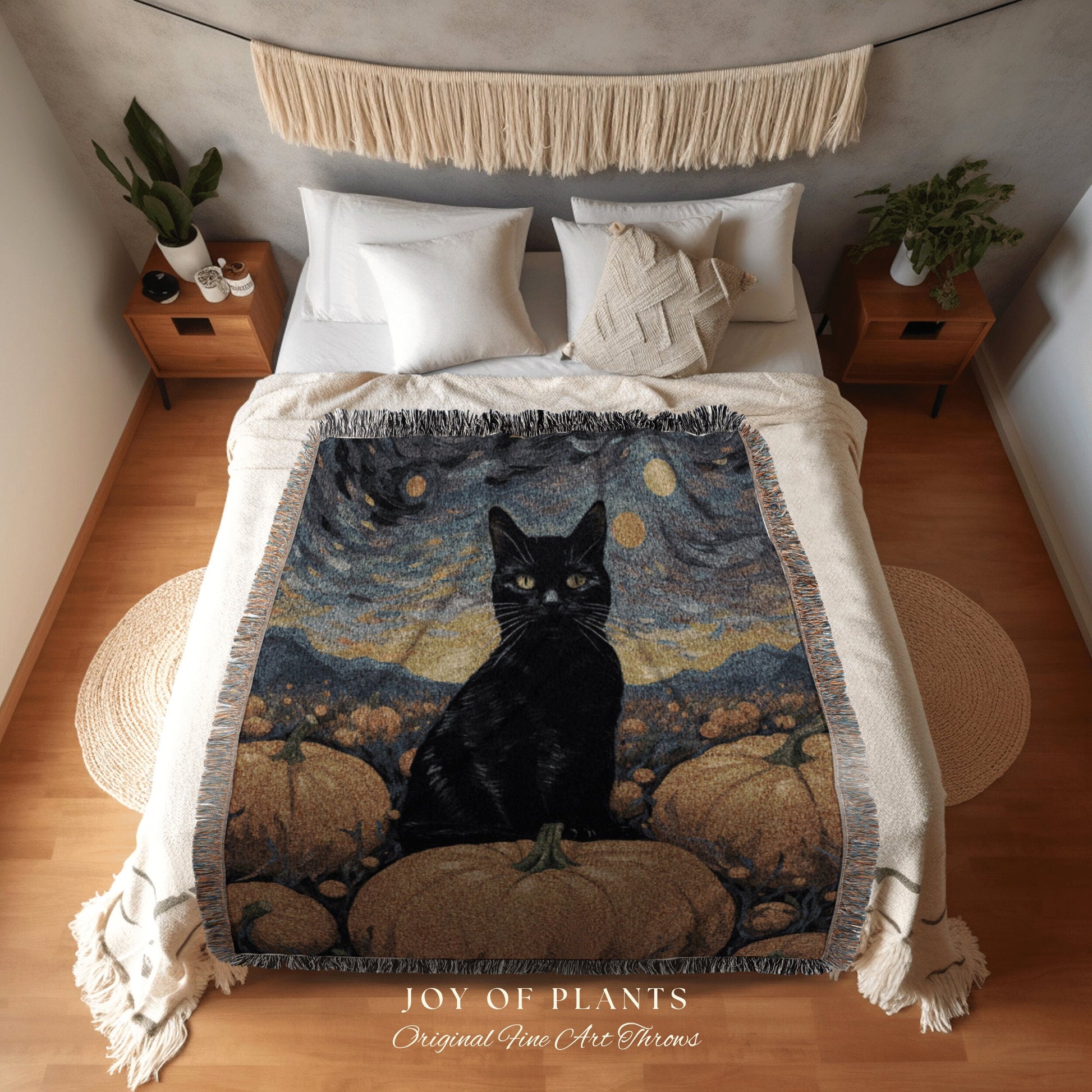 Halloween Cat Blanket Woven Tapestry Starry Night Van Gogh Decor | Pumpkin Patch Black Cat Tapestry Woven Blanket Halloween Decor Whimsigoth