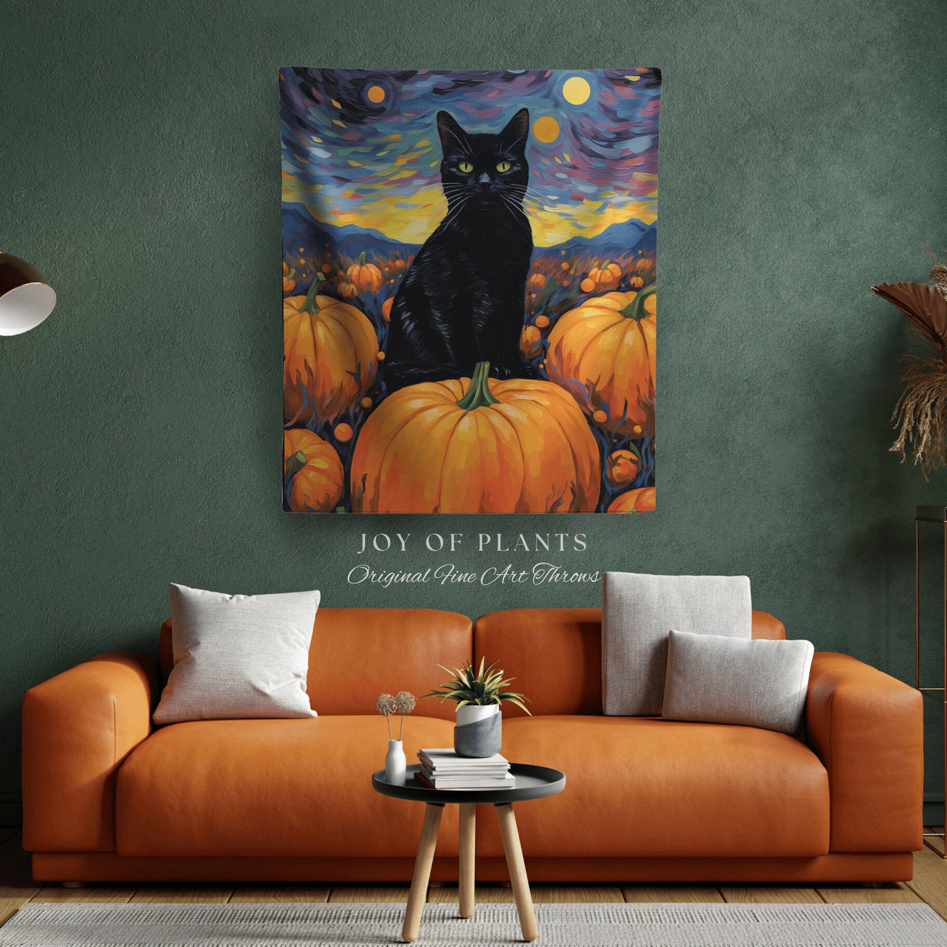 Halloween Cat Blanket Woven Tapestry Starry Night Van Gogh Decor | Pumpkin Patch Black Cat Tapestry Woven Blanket Halloween Decor Whimsigoth