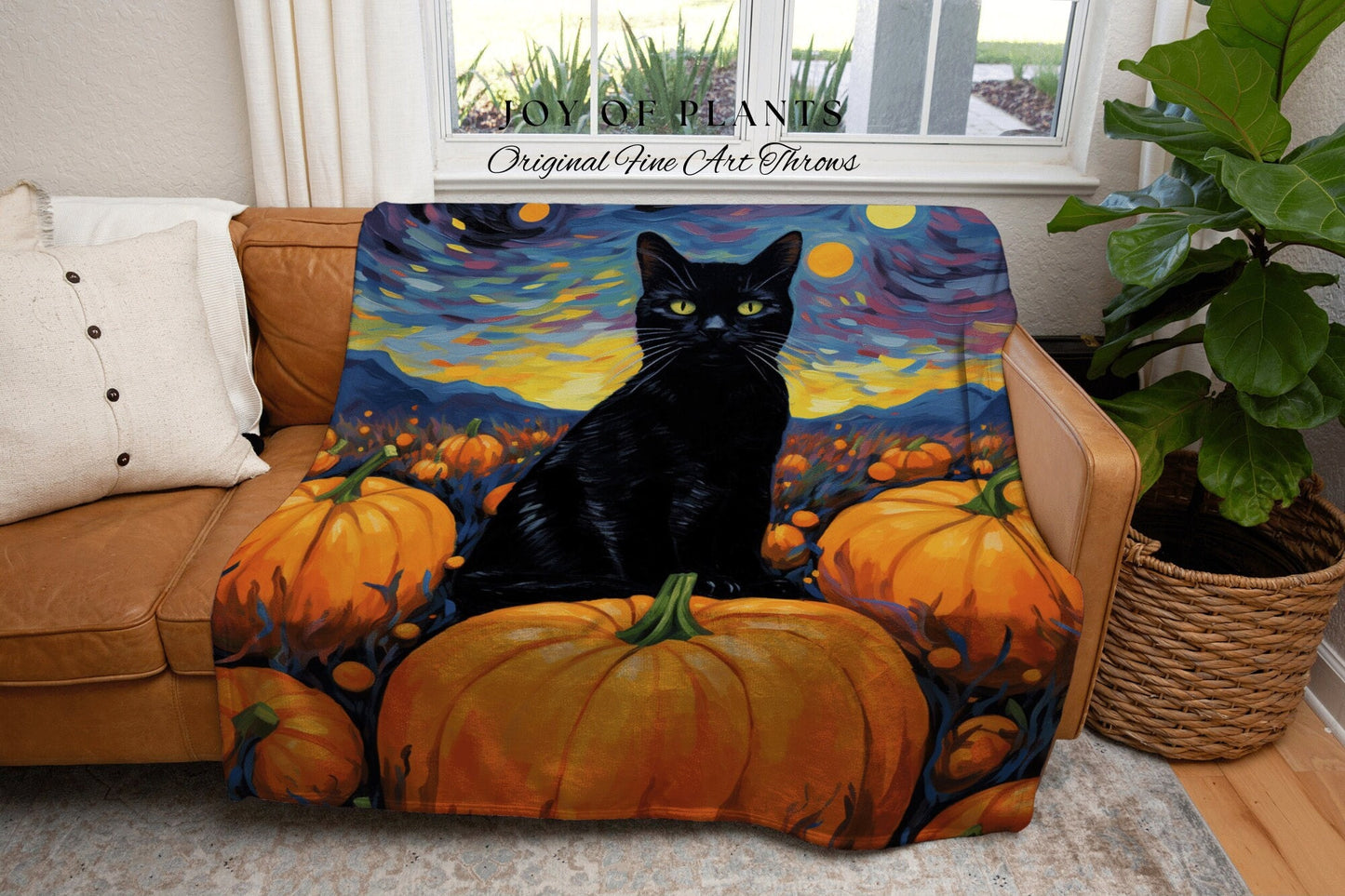 Halloween Cat Blanket Woven Tapestry Starry Night Van Gogh Decor | Pumpkin Patch Black Cat Tapestry Woven Blanket Halloween Decor Whimsigoth