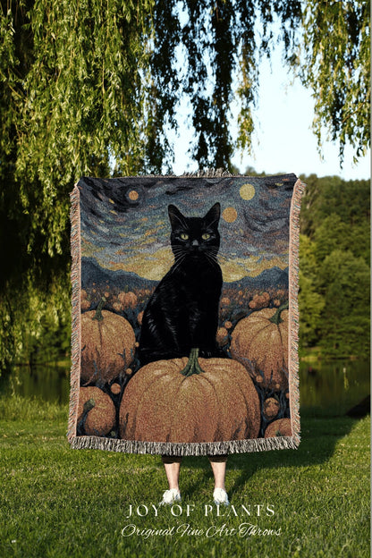 Halloween Cat Blanket Woven Tapestry Starry Night Van Gogh Decor | Pumpkin Patch Black Cat Tapestry Woven Blanket Halloween Decor Whimsigoth