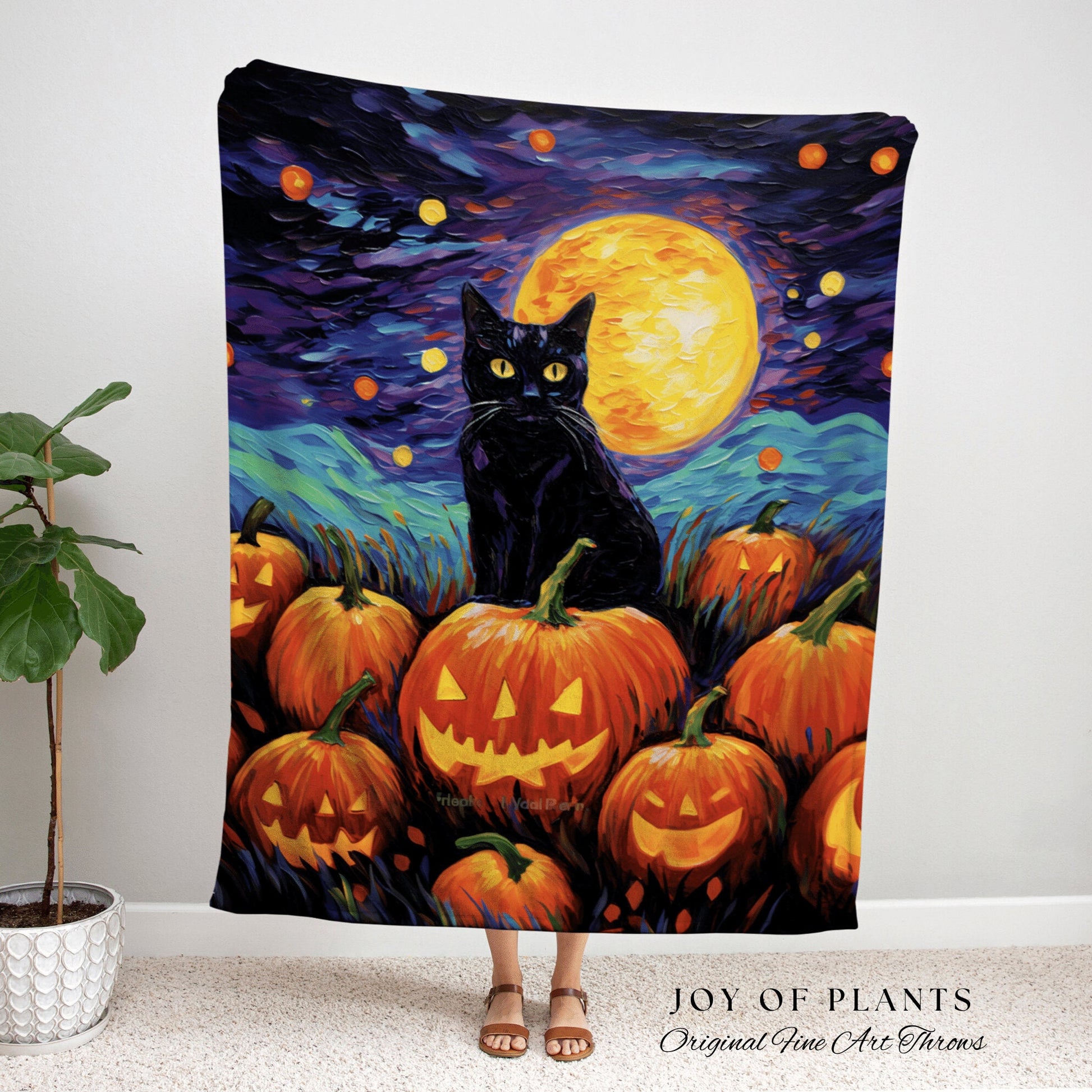 Vintage Jack-o-Lantern Art Halloween Cat Blanket Woven Tapestry Starry Night Van Gogh Decor | Black Cat Tapestry Woven Blanket Halloween Art