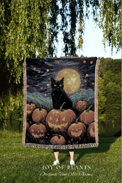 Vintage Jack-o-Lantern Art Halloween Cat Blanket Woven Tapestry Starry Night Van Gogh Decor | Black Cat Tapestry Woven Blanket Halloween Art