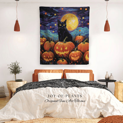 Vintage Jack-o-Lantern Art Halloween Cat Blanket Woven Tapestry Starry Night Van Gogh Decor | Black Cat Tapestry Woven Blanket Halloween Art