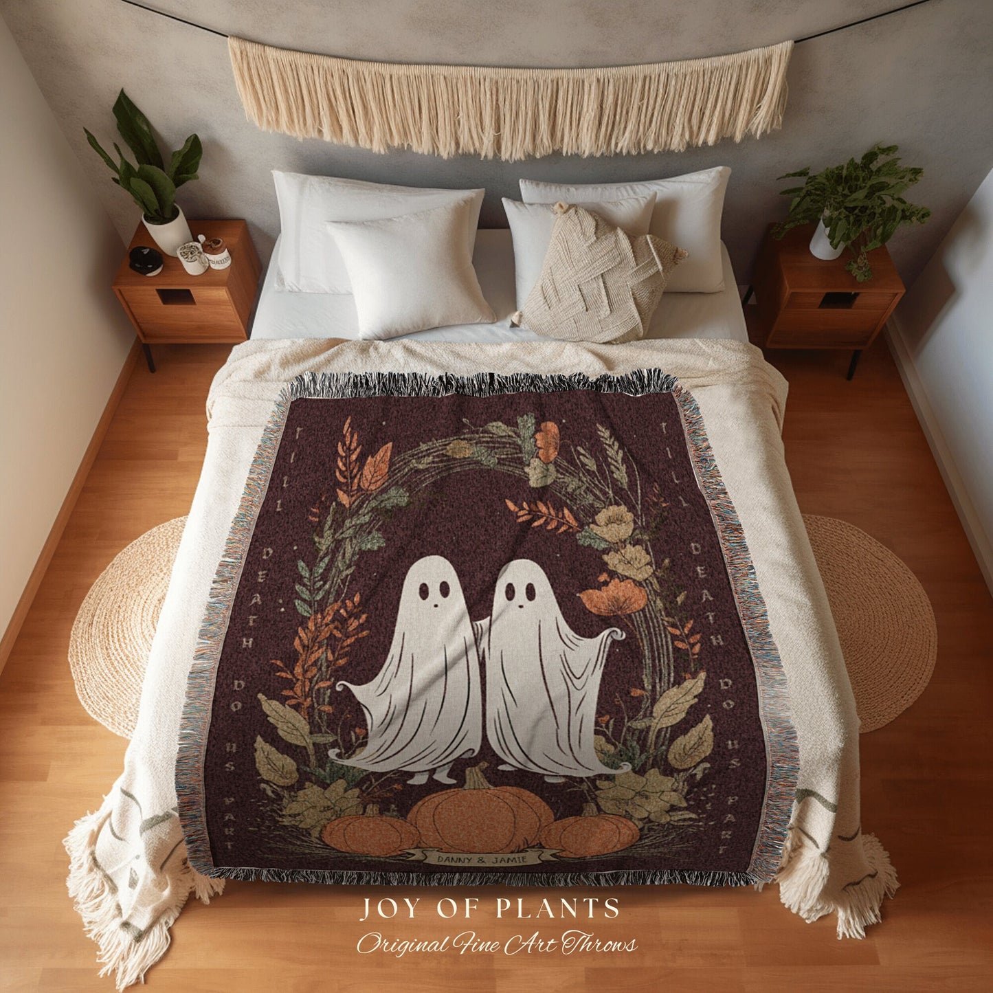 Cute Ghost Couple Custom Blanket 'Til Death do us Part' Personalized Tapestry Woven | Personalized Ghost Blanket Anniversary Gift for Goth |