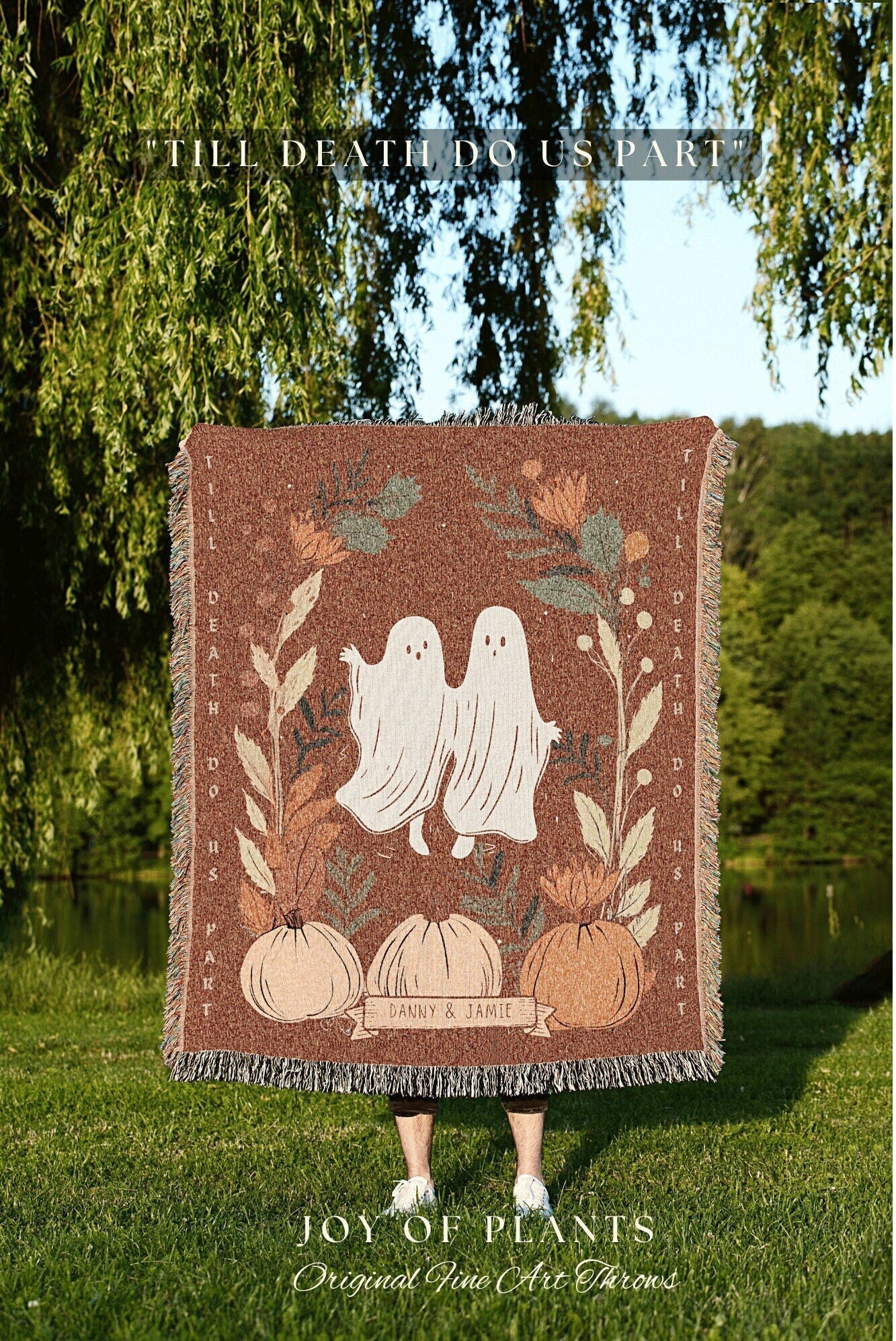 Custom Ghost Couple Blanket 'Til Death do us Part' Personalized Tapestry Woven | Personalized Ghost Blanket Anniversary Gift for Goth Couple