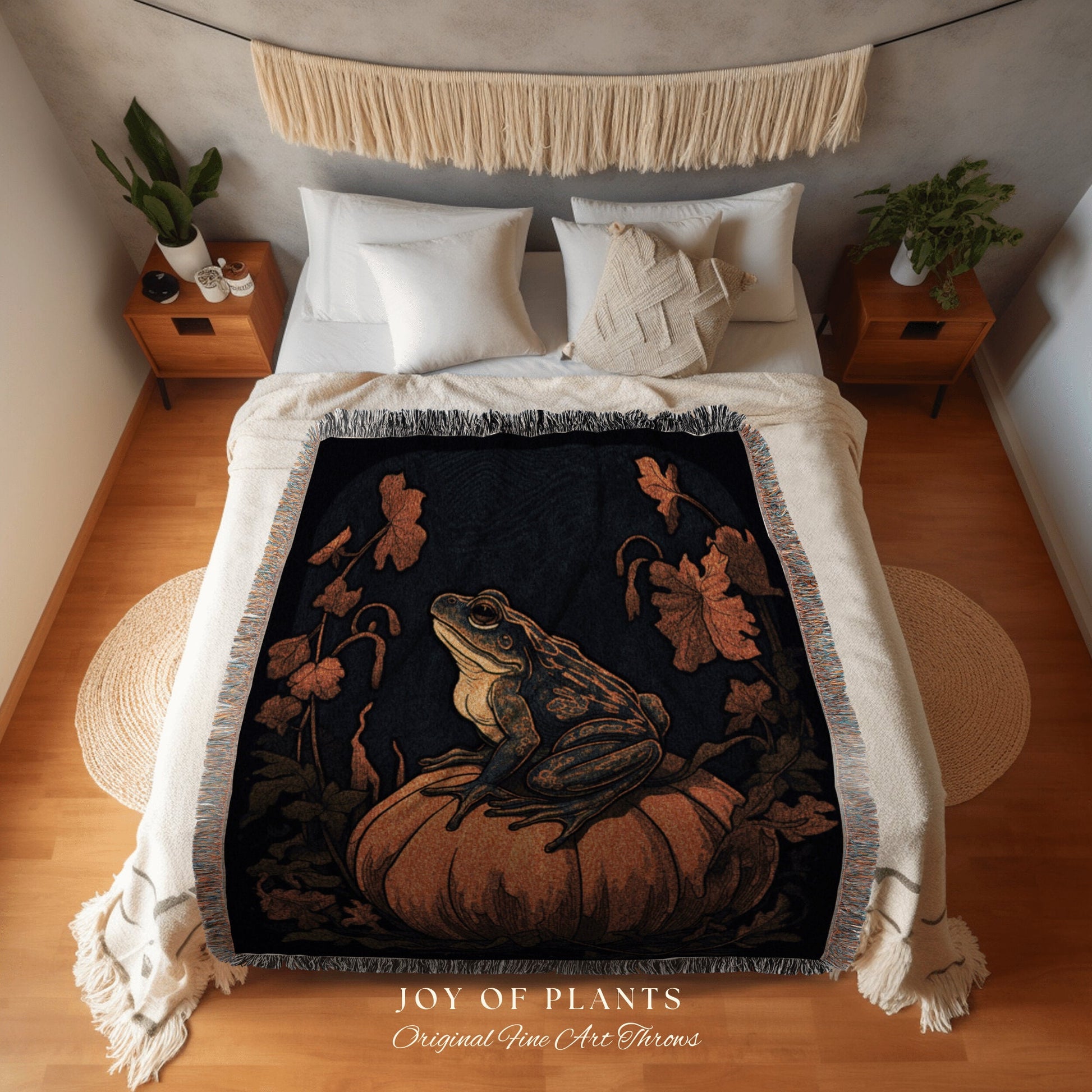 Autumn Decor Blanket Frog Aesthetic | Cottagecore Decor Blanket Woven | Pumpkin Season Autumn Decor Vintage Tapestry | Woven Wall Hanging |