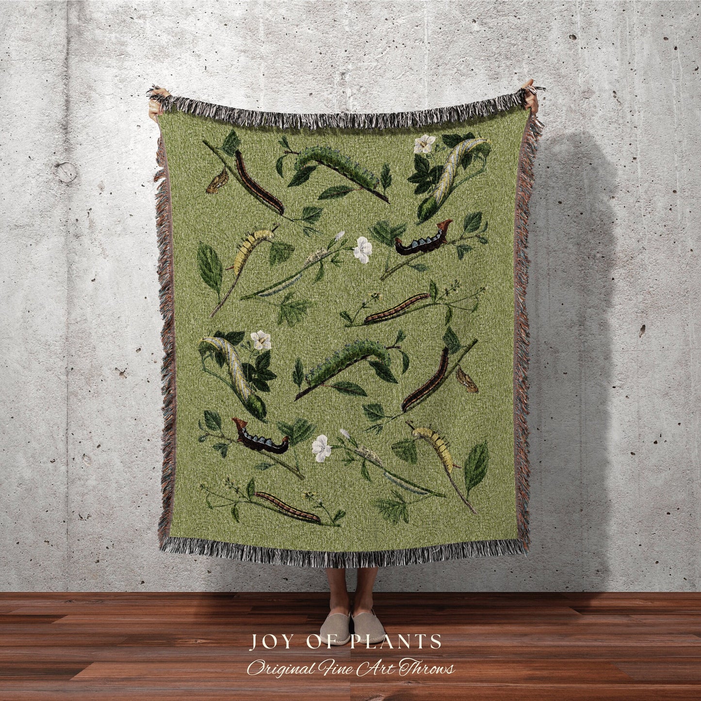 Sage Green Caterpillar Blanket Woven | Bug Tapestry Woven Bug Art Vintage | Bug Decor Woodland Aesthetic | Cottagecore Decor Woodland Boho |