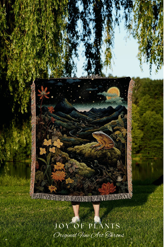 Whimsical Cottagecore Frog Tapestry Nature Inspired Art Woven Wall Hanging | Frog Blanket Woven Throw Goblincore Decor Landscape Tapestry |